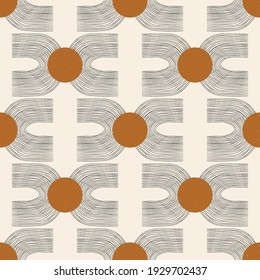 Vector contemporary seamless pattern with aesthetic hand drawn abstract shapes and geometric elements. Creative Mid Century minimalist bohemian contemporary design, print, poster, background