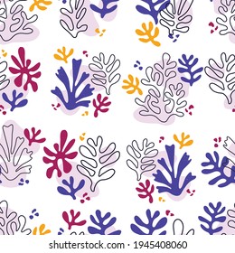 Vector contemporary seamless pattern with aesthetic hand drawn abstract leaves and fluid shape forms. Creative Matisse inspired floral pattern. Childish scandinavian background, wallpaper, apparel