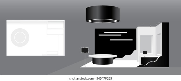 Vector contemporary trade booth template with white plasterboard product showcases and black retro design signs