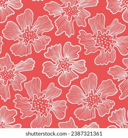 vector contemporary white flower lines asian style seamless pattern on red.