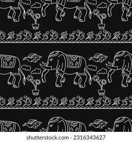 estilo de elefante thai thai blanco contemporáneo vectorial patrón ininterrumpido en negro