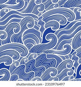 vector contemporary white wave lines asian style seamless pattern on blue
