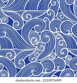líneas de onda blanca contemporáneas vectorial estilo asiático patrón transparente en azul