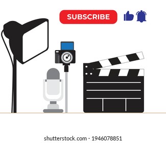 A vector of content creator with compulsory equipment, subscribe, like and notification button.