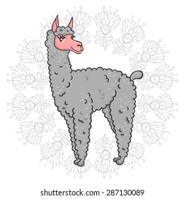 Vector contented with furry llama muzzle style doodle in a round frame with flowers
