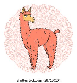 Vector contented with furry llama muzzle style doodle in a round frame with flowers