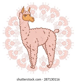 Vector contented with furry llama muzzle style doodle in a round frame with flowers