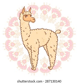 Vector contented with furry llama muzzle style doodle in a round frame with flowers