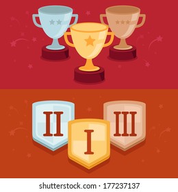 Vector contest banners in flat style with gamification icons and signs - three winning places - cups and shields in gold, silver, bronze