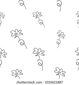 Vector continuos line drawing with abstract daisy. Black simple hand drawn illustration on white background for fabric design. Abstract floral linear seamless pattern.