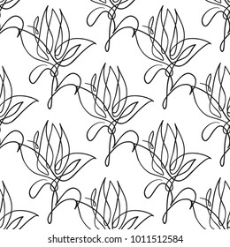 Vector continuos line drawing with abstract flower. Black simple hand drawn illustration on white background for fabric design. Abstract floral linear seamless pattern.