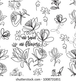 Vector continuos line drawing with floral elements. Black simple hand drawn illustration on white background for fabric design. Abstract floral linear seamless pattern.