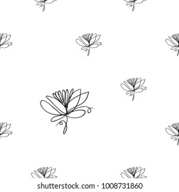 Vector continuos line drawing with flower. Black simple hand drawn illustration on white background for fabric design. Abstract floral linear seamless pattern.