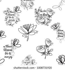 Vector continuos line drawing with flower, roses, daisy, petals, blooming flowers. Black simple hand drawn illustration on white background for fabric design. Abstract floral linear seamless pattern.