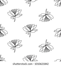 Vector continuos line drawing with flower. Black simple hand drawn illustration on white background for fabric design. Abstract floral linear seamless pattern.