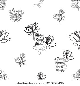 Vector continuos line drawing with flower, roses, daisy, petals, blooming flowers. Black simple hand drawn illustration on white background for fabric design. Abstract floral linear seamless pattern.