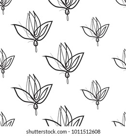 Vector continuos line drawing with line flower. Black simple hand drawn illustration on white background for fabric design. Abstract floral linear seamless pattern.