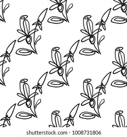 Vector continuos line drawing with petals. Black simple hand drawn illustration on white background for fabric design. Abstract floral linear seamless pattern.