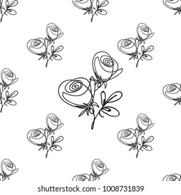 Vector continuos line drawing with line roses. Black simple hand drawn illustration on white background for fabric design. Abstract floral linear seamless pattern.
