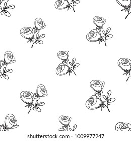 Vector continuos line drawing with line roses. Black simple hand drawn illustration on white background for fabric design. Abstract floral linear seamless pattern.