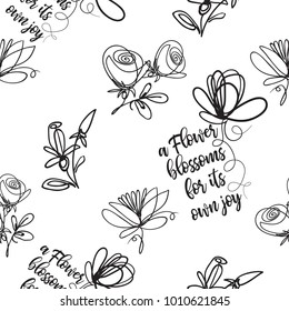 Vector continuos line drawing with roses, petals, flowers, flower blossom quote. Black simple hand drawn illustration on white background for fabric design. Abstract floral linear seamless pattern.