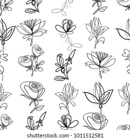 Vector continuos line drawing with roses, petals, daisy flowers, abstract flower. Black simple hand drawn illustration on white background for fabric design. Abstract floral linear seamless pattern.