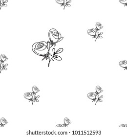 Vector continuos line drawing with line roses. Black simple hand drawn illustration on white background for fabric design. Abstract floral linear seamless pattern.