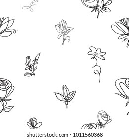 Vector continuos line drawing with roses, petals, daisy flowers, abstract flower. Black simple hand drawn illustration on white background for fabric design. Abstract floral linear seamless pattern.
