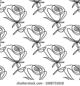 Vector continuos line drawing with simple rose. Black simple hand drawn illustration on white background for fabric design. Abstract floral linear seamless pattern.