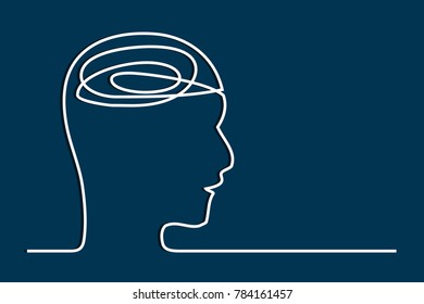 Vector continuous line. Abstract portrait of a thinker. blue background