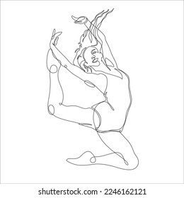 Vector continuous line art illustration of a female dancer. Her hair is flowing as she gracefully leaps in the air.