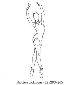 Vector continuous line art illustration of a female ballet dancer. Her hair is attached in a bun, she is in 4th position on pointe shoes.