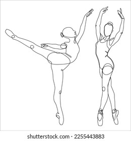 Ilustración vectorial de dos bailarinas de ballet. Su pelo está atado en un bollo, uno está en cuarto lugar en zapatos puntiagudos, el otro está haciendo un arabesco.