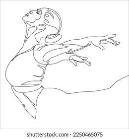 Vector continuous line art portrait of a female dancer gracefully looking up as her arms are stretching behind her. Half-length portrait.