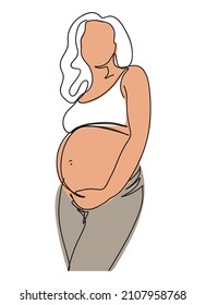 Vector continuous line art of pregnant curly woman holding her belly 