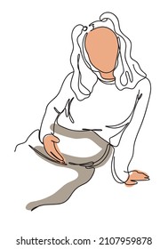 Vector continuous line art of pregnant curly woman holding her belly 
