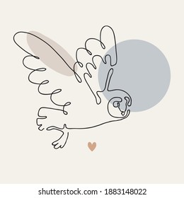 Vector continuous line art print with flying barn owl