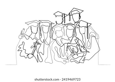 arte de línea continua vectorial de los jóvenes graduados. retrato vectorial de jóvenes con traje, sombreros y papel de certificado de graduación.