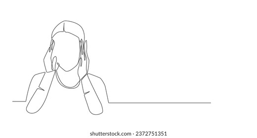 vector continuous line dizziness.one line drawing of woman holding head.