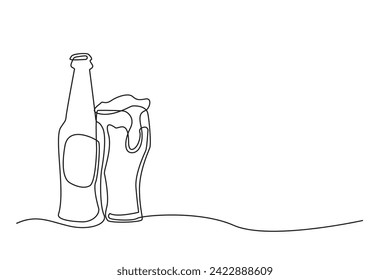 vector continuous line drawing of beer.line vector illustration of beer bottles and glasses.single line of beer isolated on white background