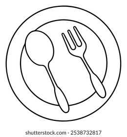 vector continuous line drawing. Close-up, Clean plate, fork and spoon. Drawing by hand on a sign or business cards in a café. lines black  with white background.