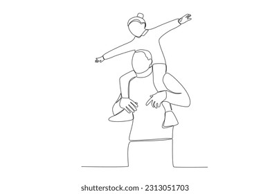 Vector continuous line drawing happy father piggybacking cute little daughter playing with dad vector