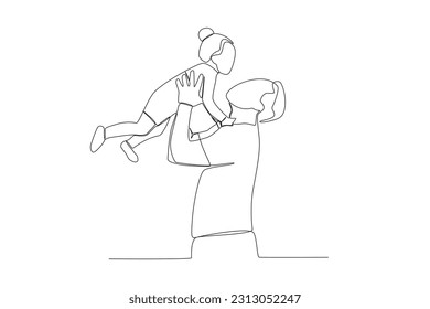 Vector continuous line drawing happy father piggybacking cute little daughter playing with dad vector