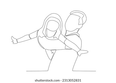 Vector continuous line drawing happy father piggybacking cute little daughter playing with dad vector