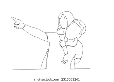 Vector continuous line drawing happy father piggybacking cute little daughter playing with dad vector