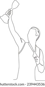 Vector continuous line drawing. illustration of a young man carrying a championship trophy