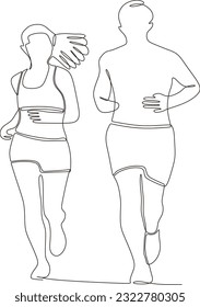 Vector continuous line drawing of a man and woman doing sports
