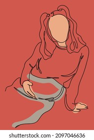 Vector continuous line drawing with a pregnant woman. Aesthetic illustration poster on red background
