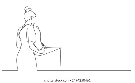 vector continuous line drawing of self-confidence, public speech. motivator woman, giving counseling at seminars, motivational speech. vector single line illustration. isolated white background