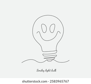 vector continuous line drawing of smiley light bulb.